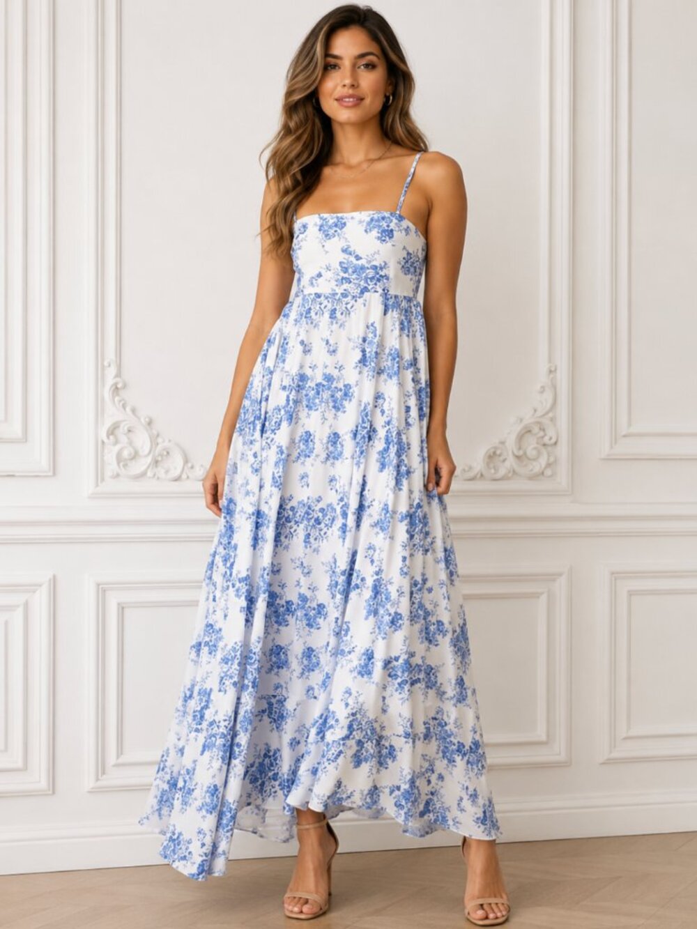 "Sasha" Large Blue White Floral Maxi Dress